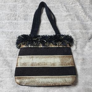 NWOT Unbranded Vintage Style Fringe Trim Gold & Black Shoulder Bag Handbag Purse